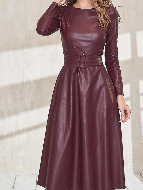 Dresses Simple Round Neck Belt Long Sleeve PU Leather Dress - LuckyFash™