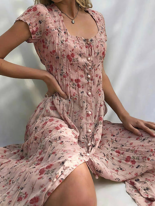 Dresses Single Breasted Floral Short Sleeve Dress - LuckyFash™