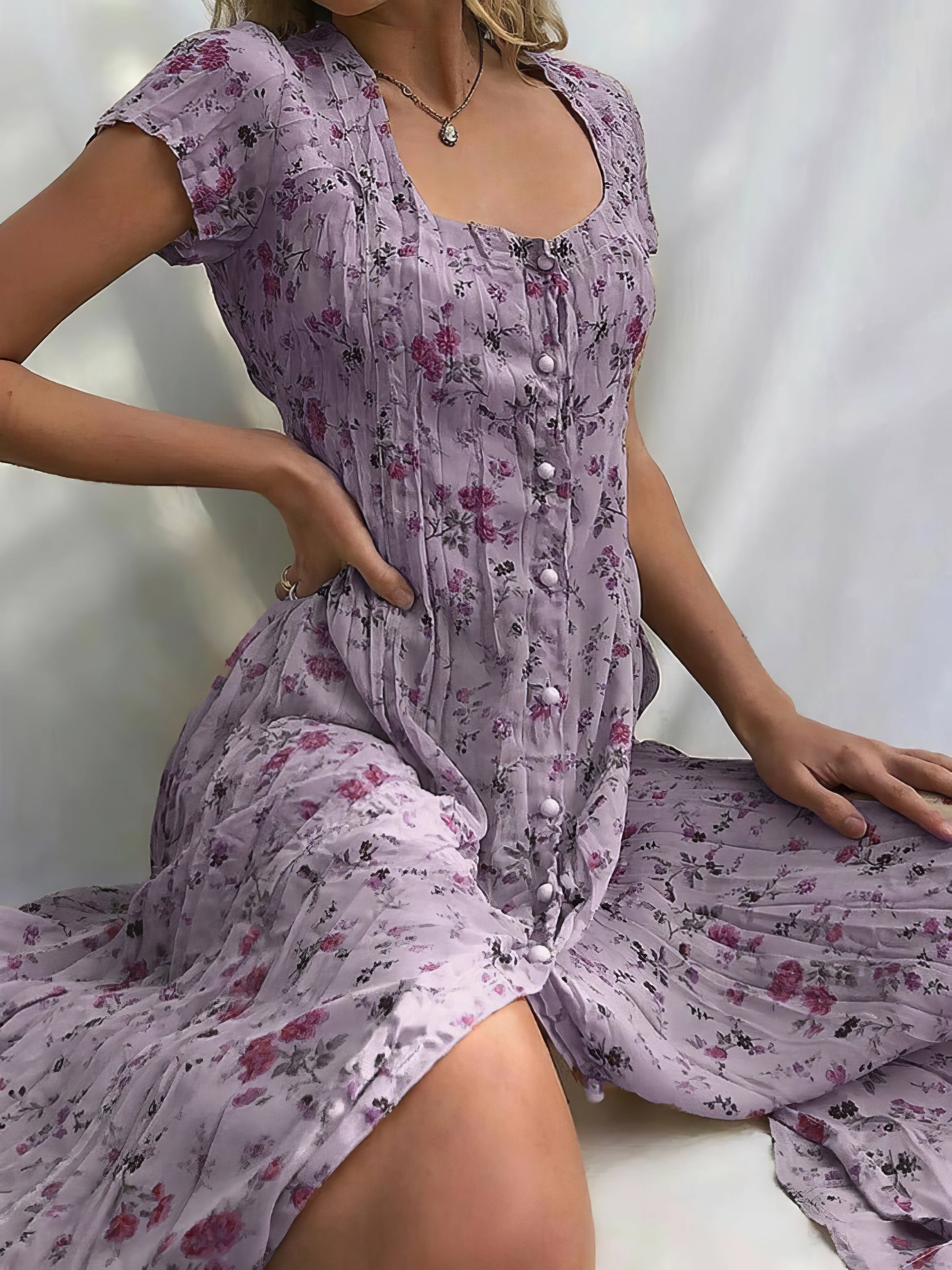 Dresses Single Breasted Floral Short Sleeve Dress - LuckyFash™