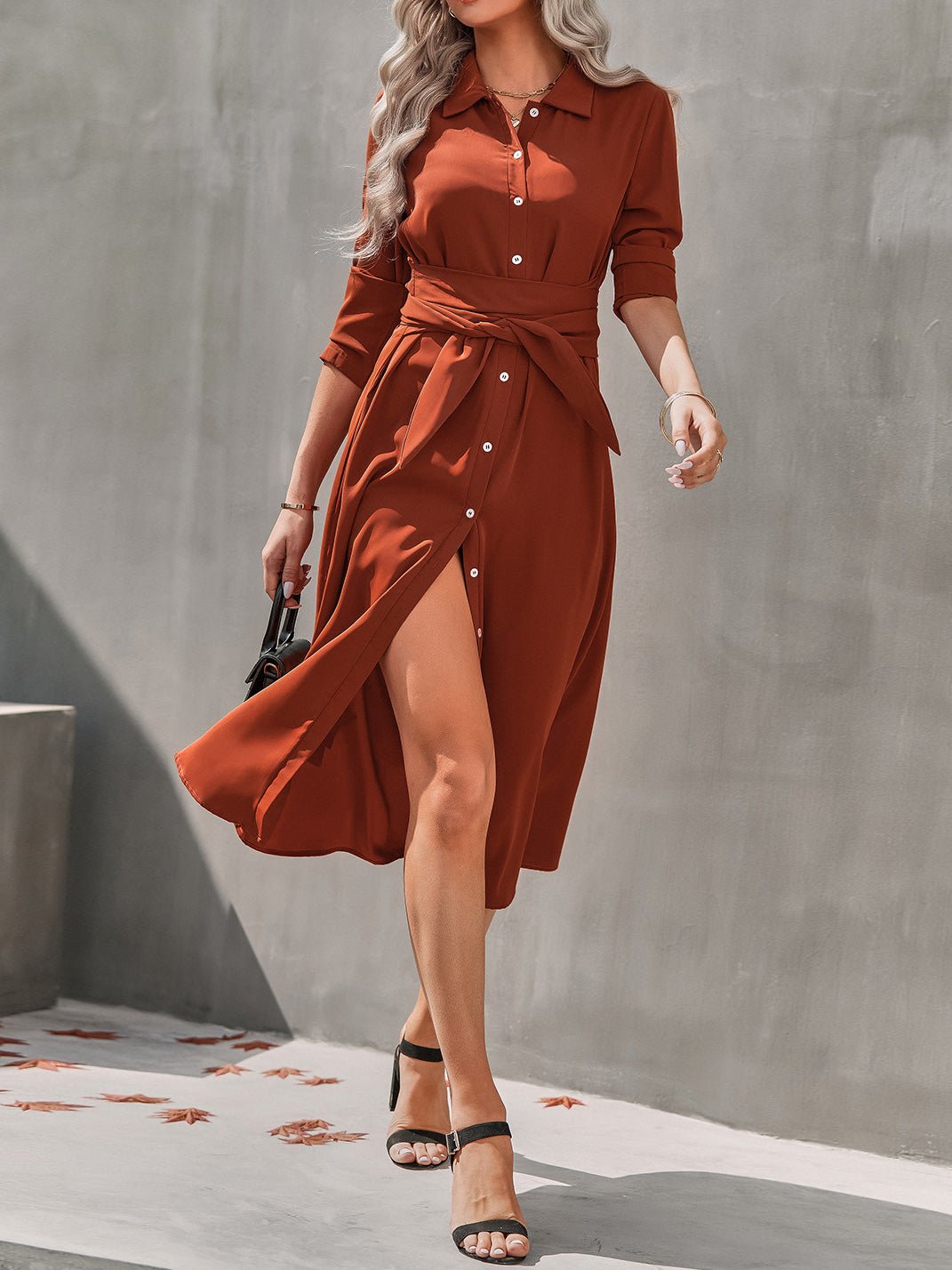 Dresses Single Breasted Long Sleeve Shirt Dress - LuckyFash™