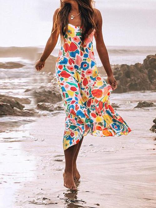 Dresses Sling Print Ruffle Sleeveless Dress - LuckyFash™