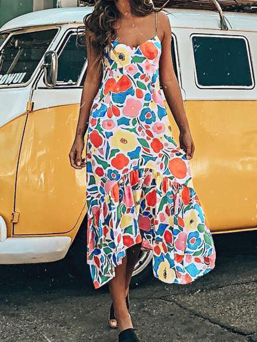 Dresses Sling Print Ruffle Sleeveless Dress - LuckyFash™
