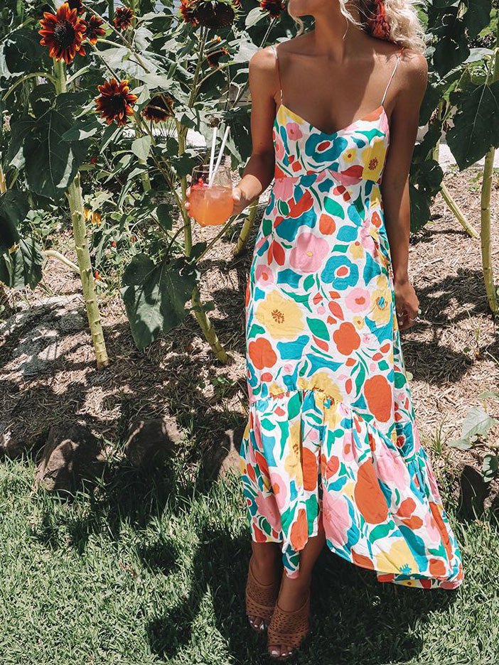 Dresses Sling Print Ruffle Sleeveless Dress - LuckyFash™