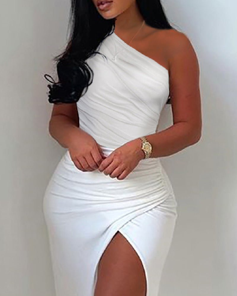 Dresses Sloping Shoulder Slit Slim Dress - LuckyFash™