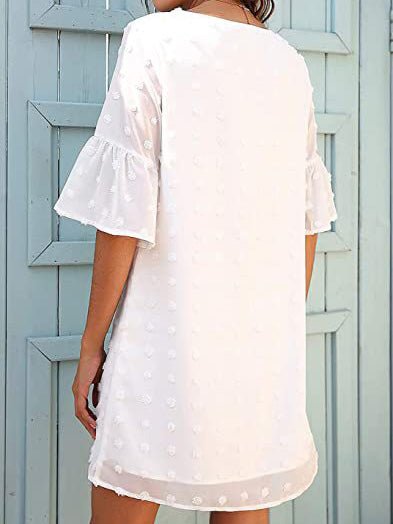 Dresses Solid Jacquard Dots Chiffon Short Sleeve Dress - LuckyFash™