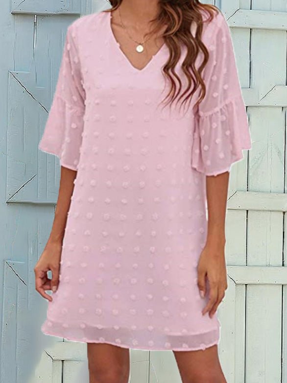 Dresses Solid Jacquard Dots Chiffon Short Sleeve Dress - LuckyFash™