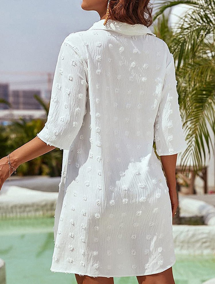 Dresses Solid Jacquard V-Neck Slit Long Sleeve Dress - LuckyFash™