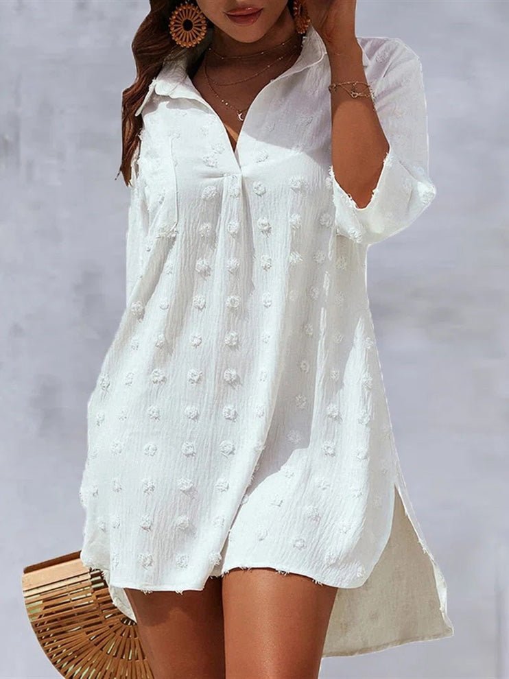 Dresses Solid Jacquard V-Neck Slit Long Sleeve Dress - LuckyFash™