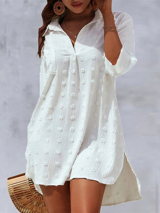 Dresses Solid Jacquard V-Neck Slit Long Sleeve Dress - LuckyFash™