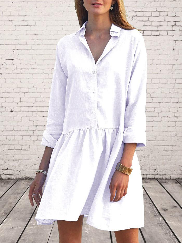 Dresses Solid Lapel Button Long Sleeve Shirt Dress - LuckyFash™