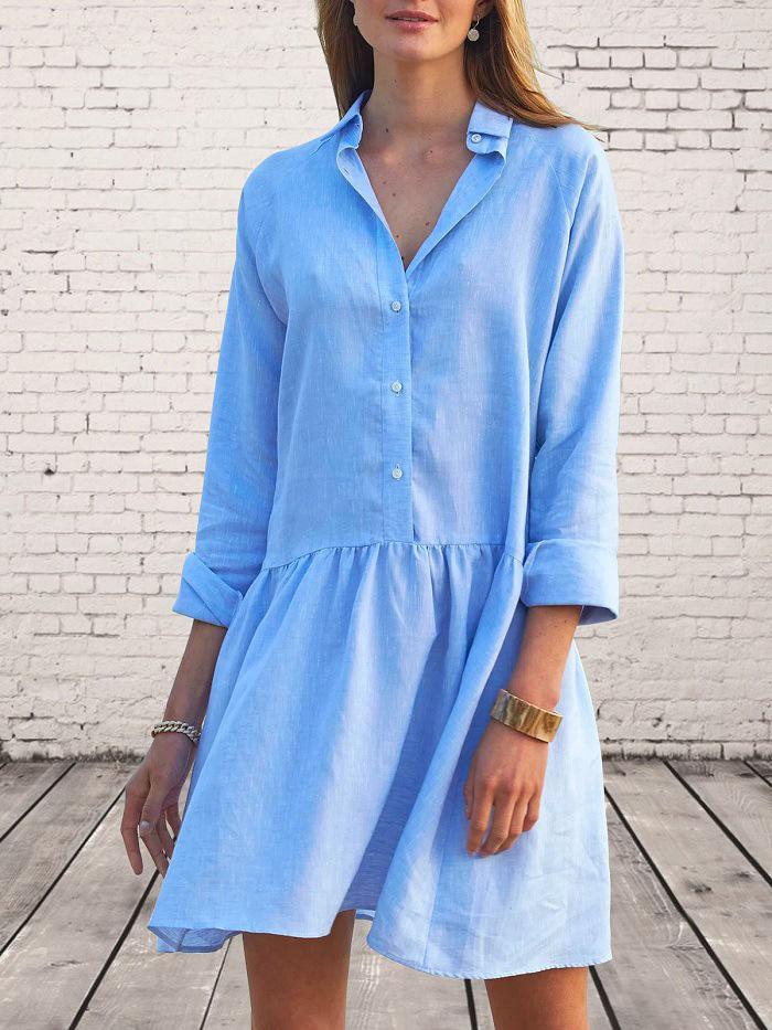 Dresses Solid Lapel Button Long Sleeve Shirt Dress - LuckyFash™