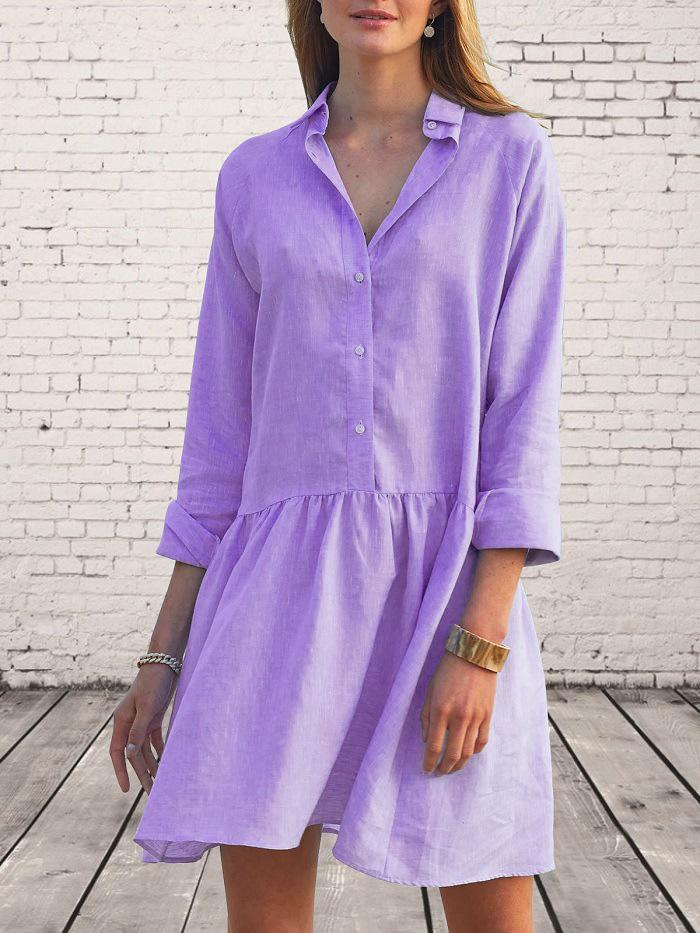 Dresses Solid Lapel Button Long Sleeve Shirt Dress - LuckyFash™