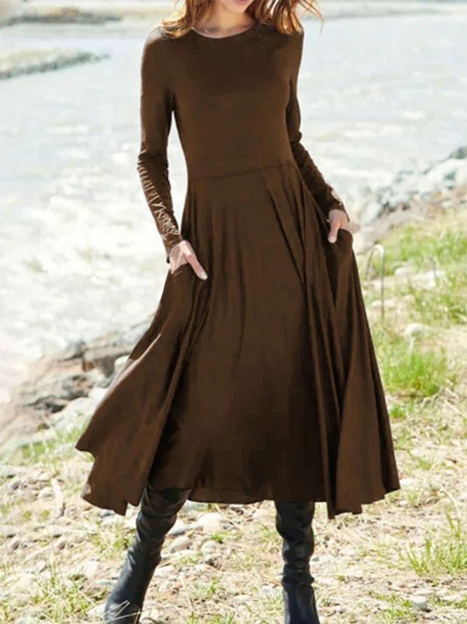 Dresses Solid Round Neck Pocket Long Sleeve Dress - LuckyFash™