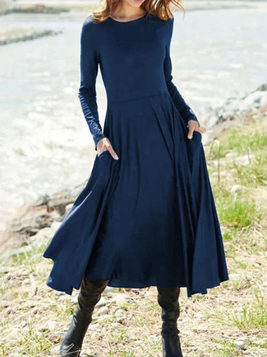 Dresses Solid Round Neck Pocket Long Sleeve Dress - LuckyFash™
