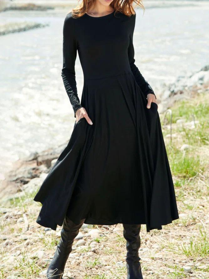 Dresses Solid Round Neck Pocket Long Sleeve Dress - LuckyFash™