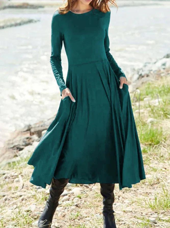 Dresses Solid Round Neck Pocket Long Sleeve Dress - LuckyFash™
