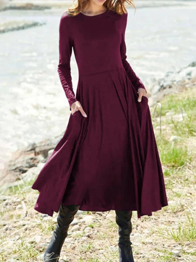 Dresses Solid Round Neck Pocket Long Sleeve Dress - LuckyFash™