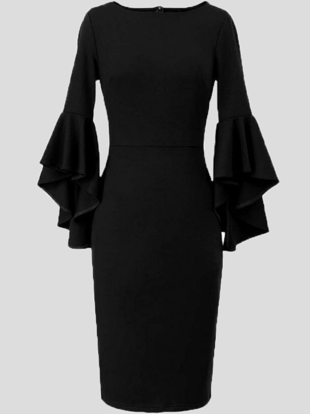 Dresses Solid Ruffle Sleeve Slim Fit Dress - LuckyFash™