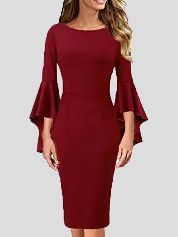 Dresses Solid Ruffle Sleeve Slim Fit Dress - LuckyFash™