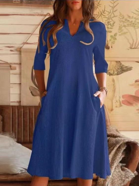 Dresses Solid V-Neck Pocket Mid-Sleeve Dress - LuckyFash™