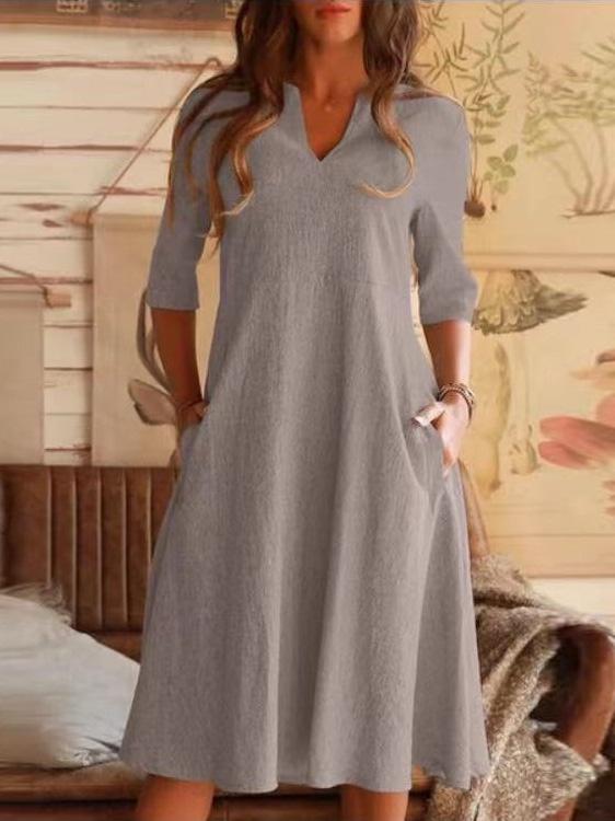 Dresses Solid V-Neck Pocket Mid-Sleeve Dress - LuckyFash™