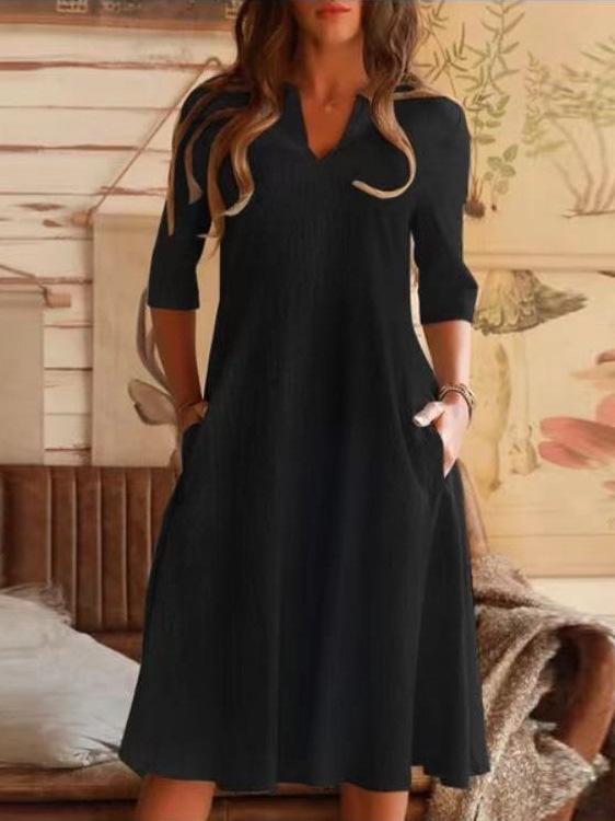 Dresses Solid V-Neck Pocket Mid-Sleeve Dress - LuckyFash™