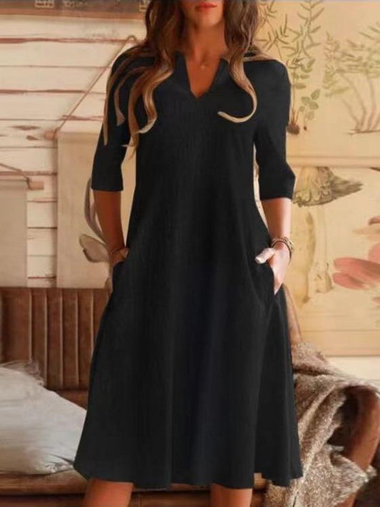 Dresses Solid V-Neck Pocket Mid-Sleeve Dress - LuckyFash™