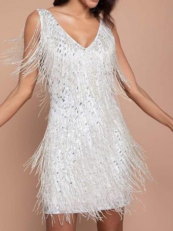 Dresses Sparkling V-Neck Fringed Mini Dress - LuckyFash™