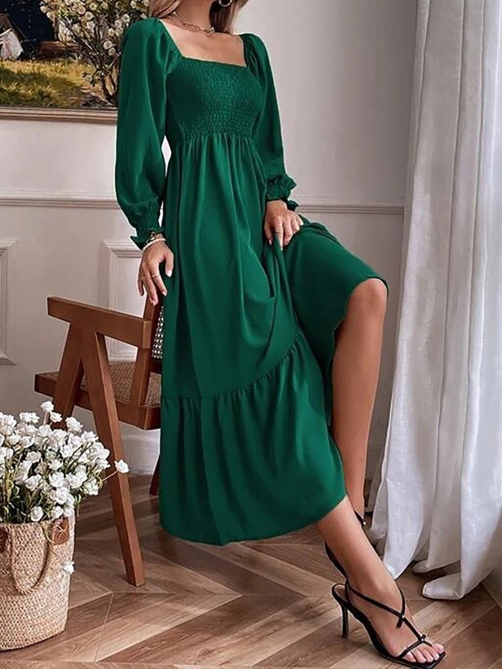 Dresses Square Neck High Waist Long Sleeve Ruffle Dress - LuckyFash™