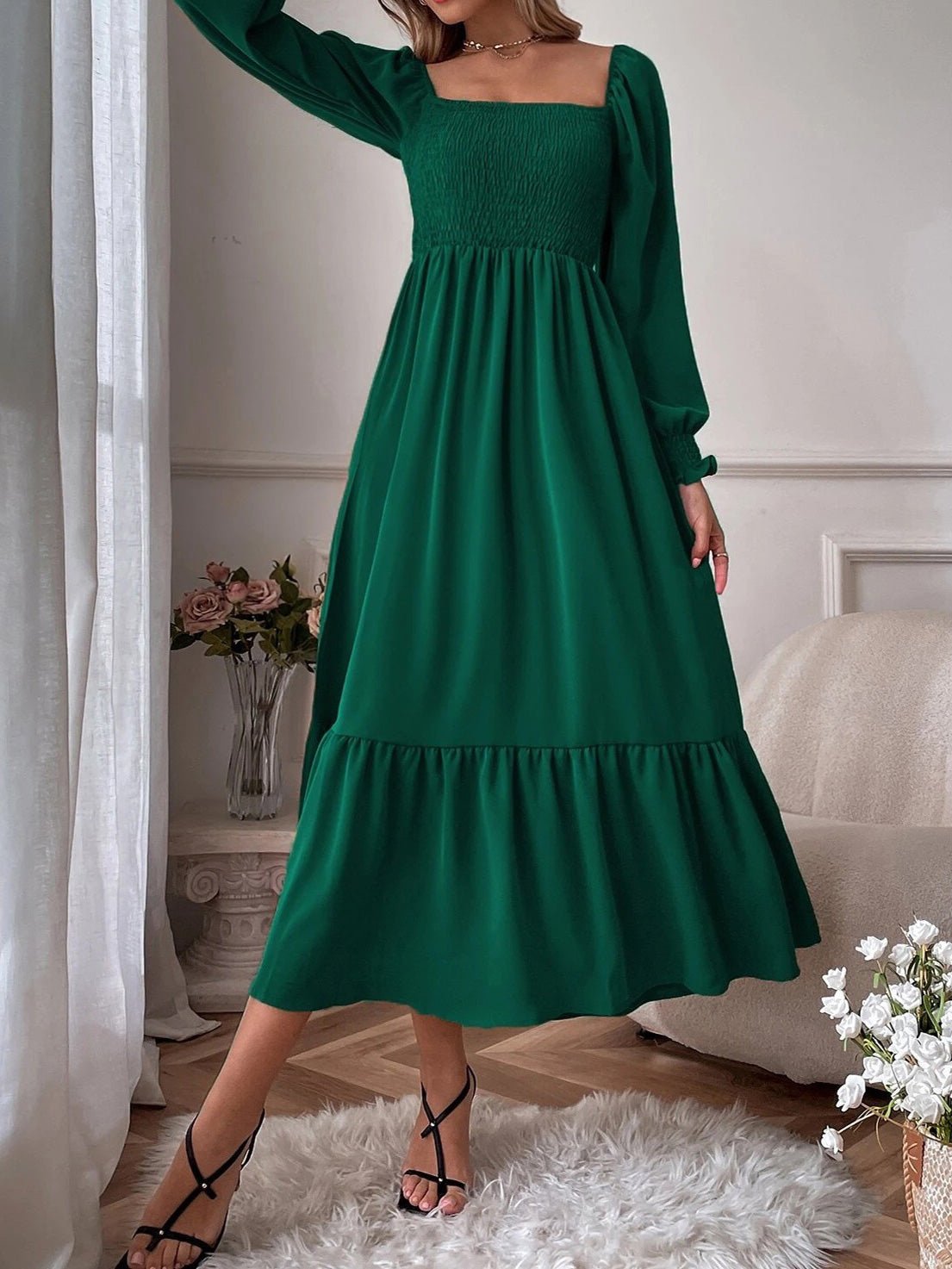 Dresses Square Neck High Waist Long Sleeve Ruffle Dress - LuckyFash™