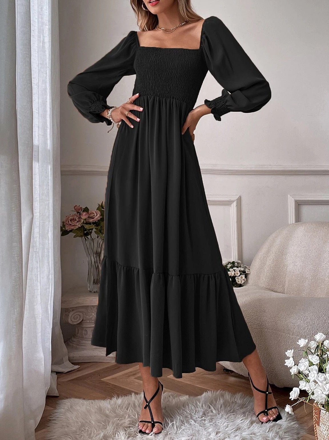 Dresses Square Neck High Waist Long Sleeve Ruffle Dress - LuckyFash™