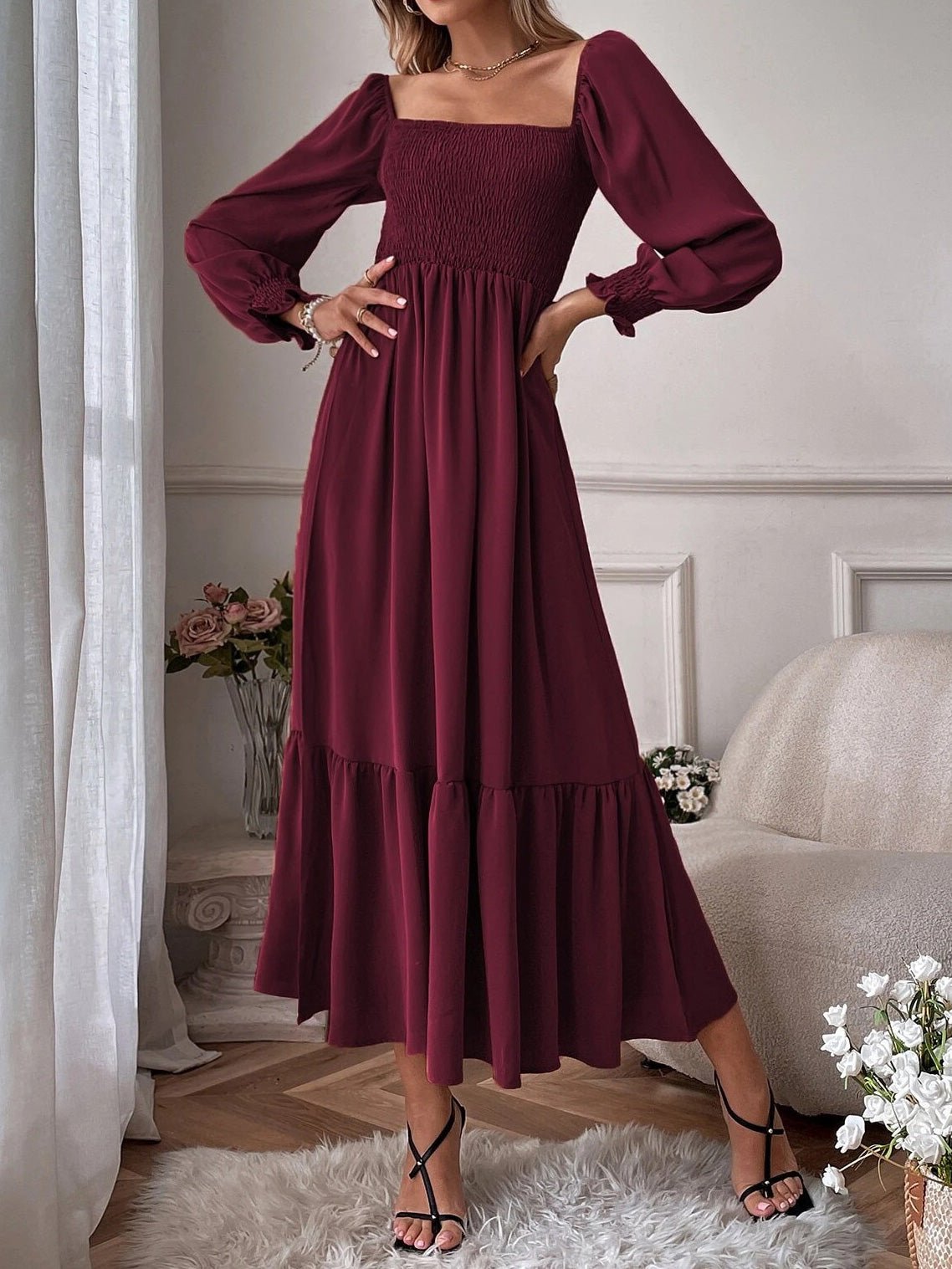 Dresses Square Neck High Waist Long Sleeve Ruffle Dress - LuckyFash™