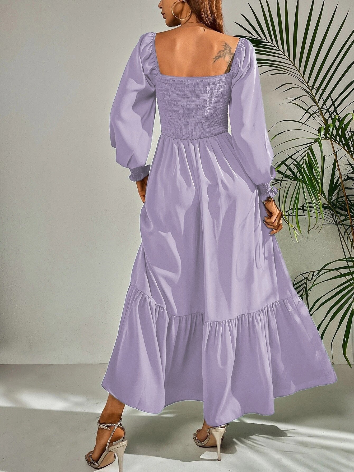 Dresses Square Neck High Waist Long Sleeve Ruffle Dress - LuckyFash™