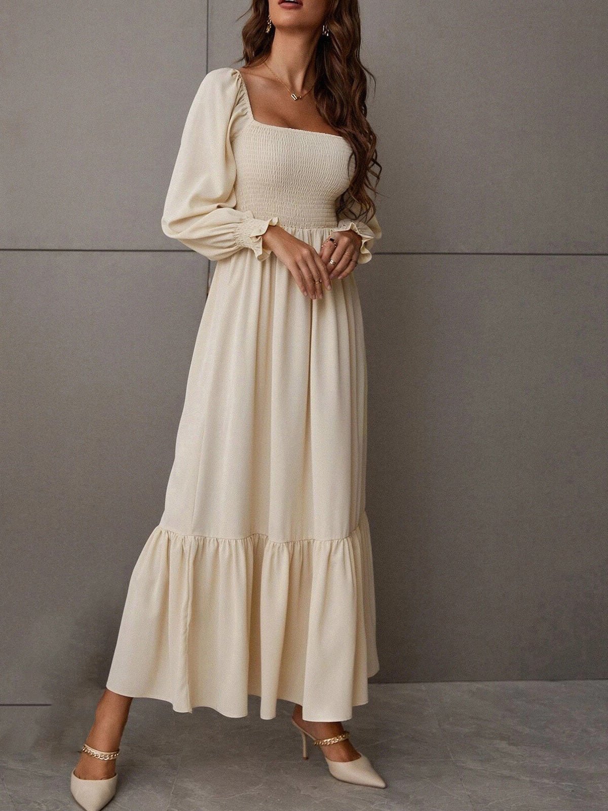 Dresses Square Neck High Waist Long Sleeve Ruffle Dress - LuckyFash™