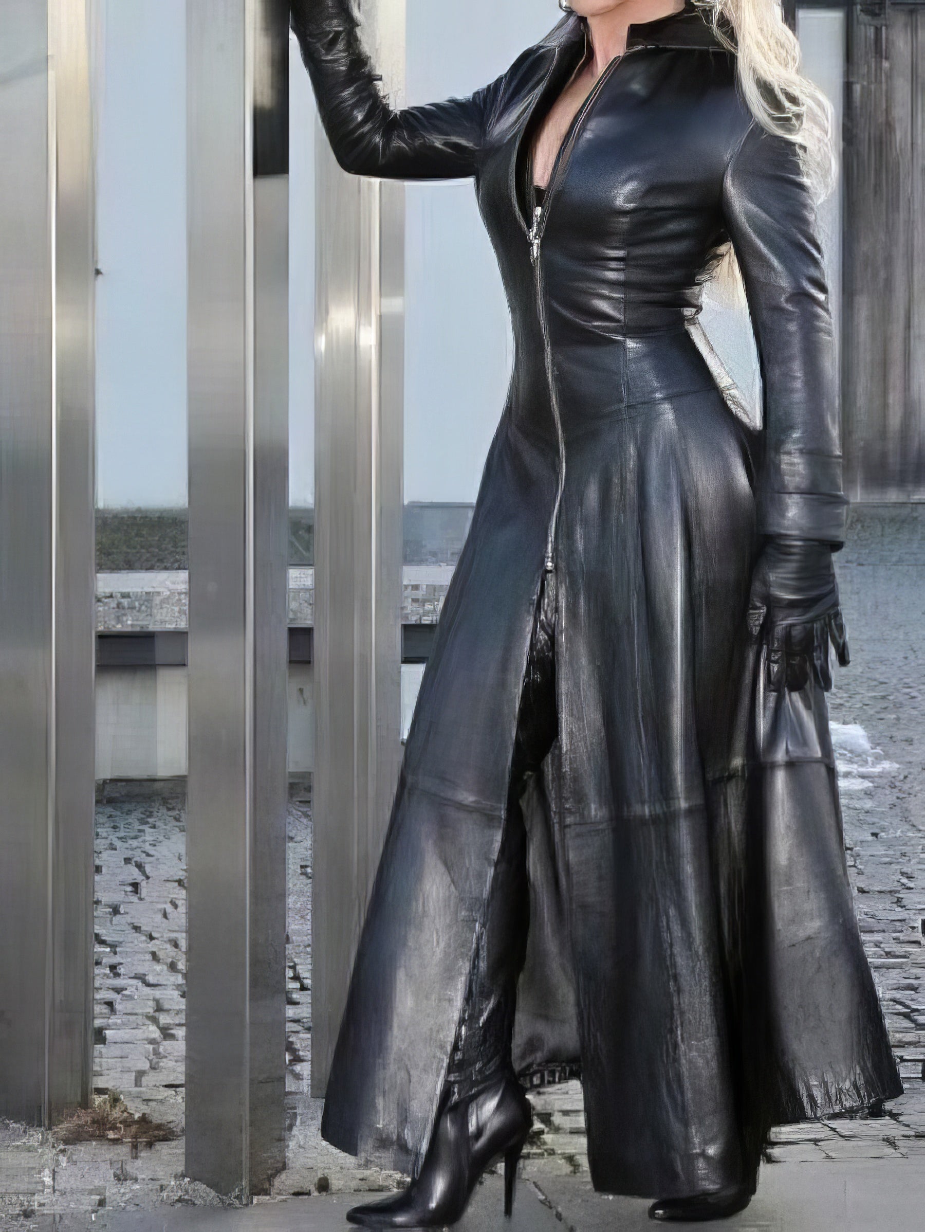 Dresses Stand Collar Zipper Long Sleeve Leather Dress - LuckyFash™