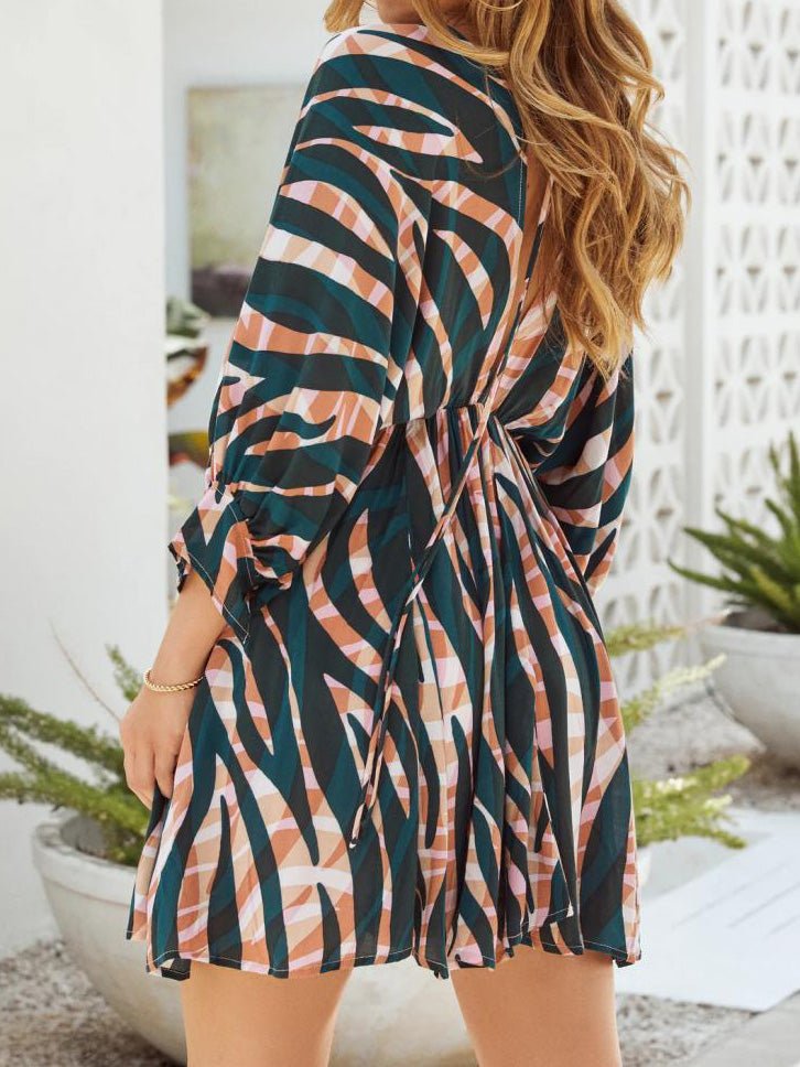 Dresses Stripe Print V-Neck Belted Long Sleeve Dress - LuckyFash™