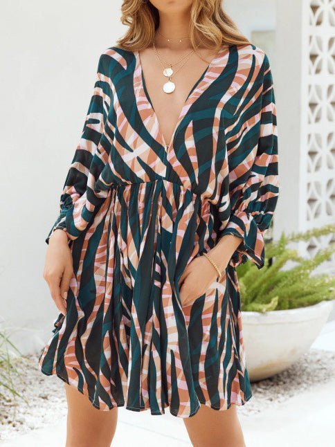 Dresses Stripe Print V-Neck Belted Long Sleeve Dress - LuckyFash™