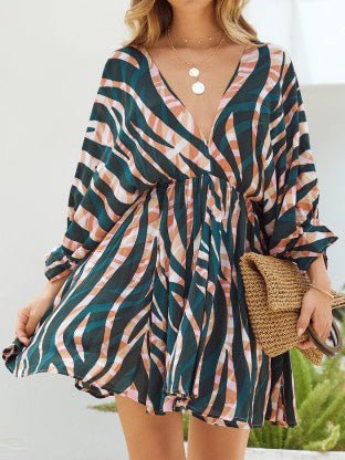 Dresses Stripe Print V-Neck Belted Long Sleeve Dress - LuckyFash™