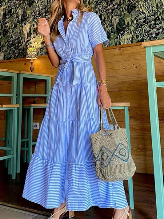 Dresses Striped Belted Short Sleeve Shirt Dress - LuckyFash™