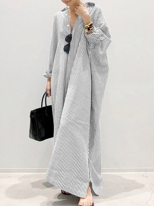 Dresses Striped Long Sleeve Slit Irregular Dress - LuckyFash™