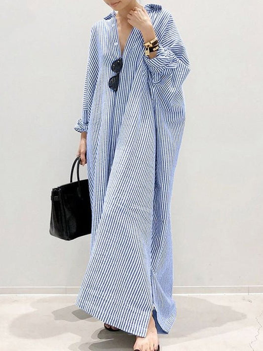 Dresses Striped Long Sleeve Slit Irregular Dress - LuckyFash™