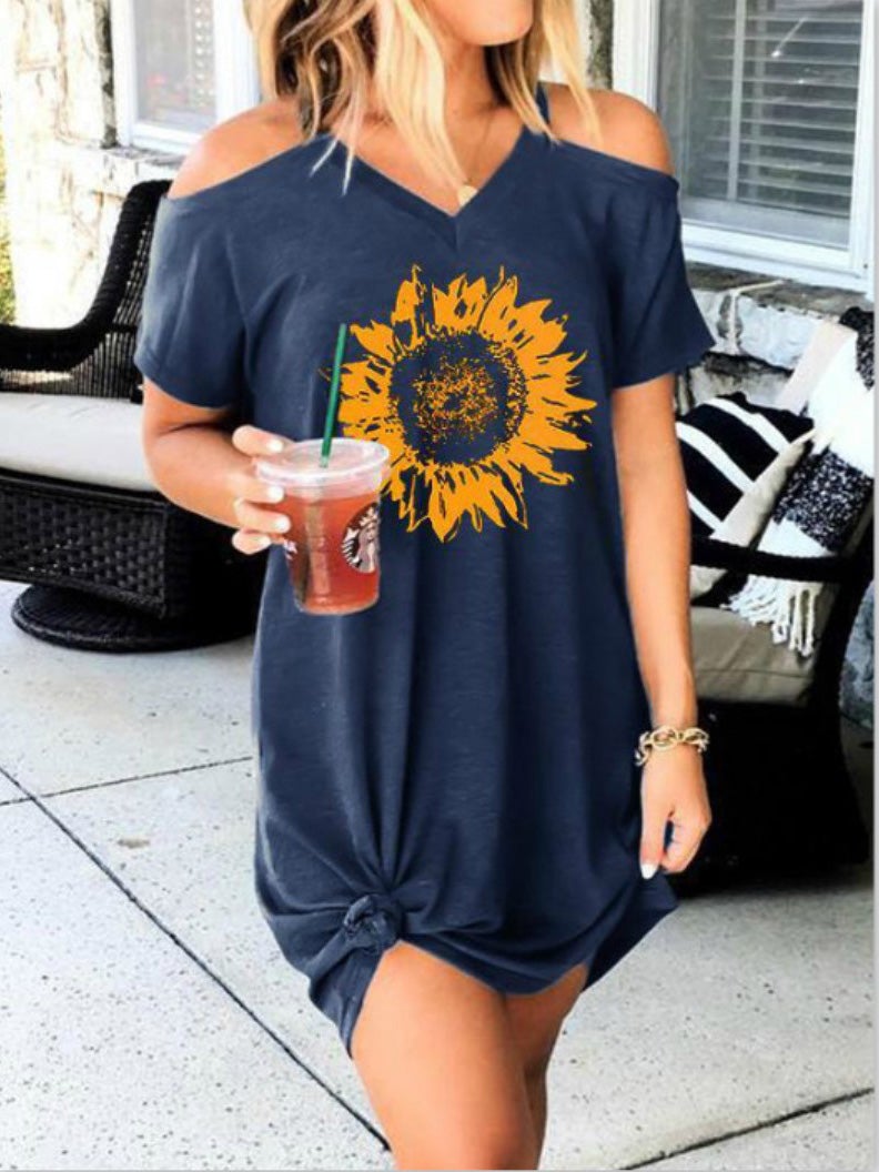 Dresses Sunflower Print V-Neck Short Sleeve Dress - LuckyFash™