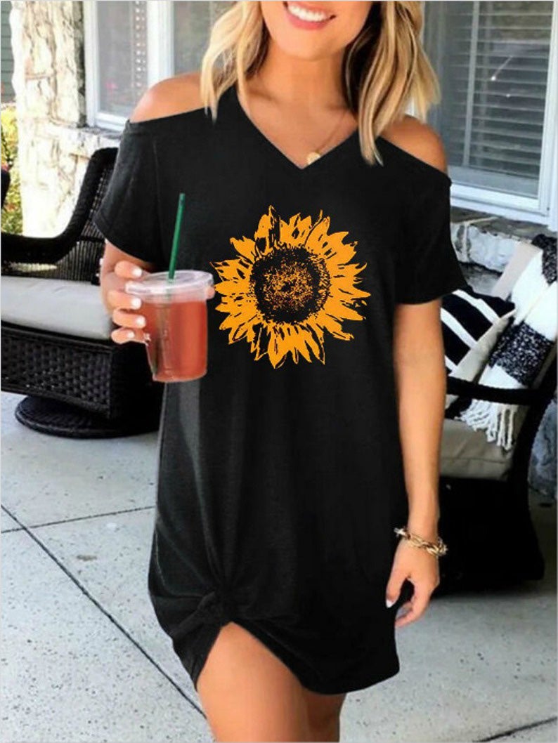 Dresses Sunflower Print V-Neck Short Sleeve Dress - LuckyFash™