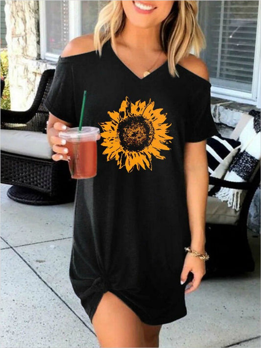 Dresses Sunflower Print V-Neck Short Sleeve Dress - LuckyFash™