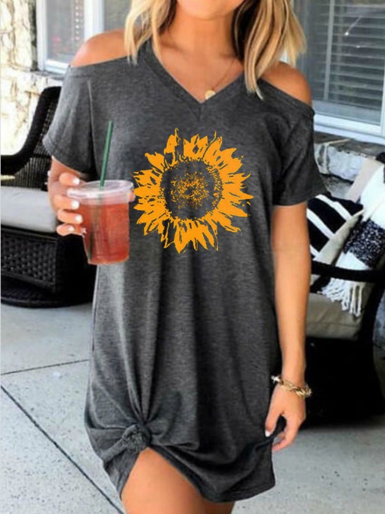 Dresses Sunflower Print V-Neck Short Sleeve Dress - LuckyFash™
