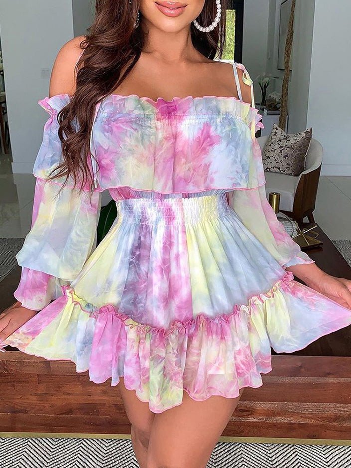 Dresses Tie-Dye Print One-Shoulder Elastic Waist Dress - LuckyFash™