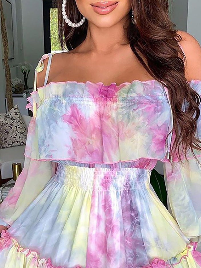 Dresses Tie-Dye Print One-Shoulder Elastic Waist Dress - LuckyFash™