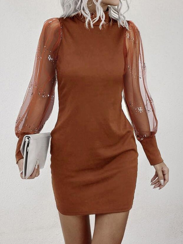 Dresses Turtleneck Mesh Long Sleeve Mini Dress - LuckyFash™