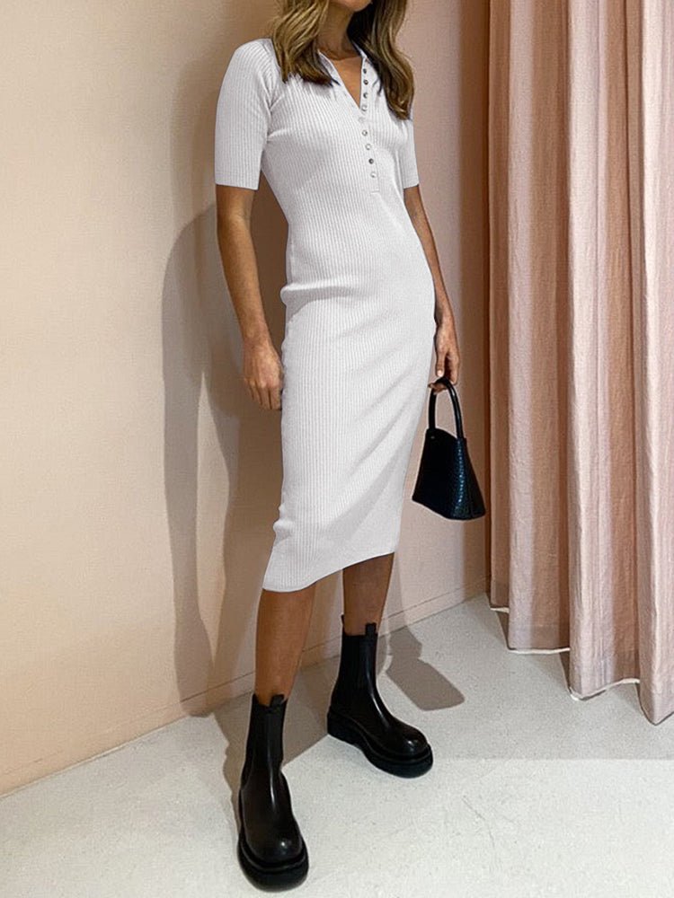 Dresses V Neck Collared Button Rib Knit Midi Dress - LuckyFash™