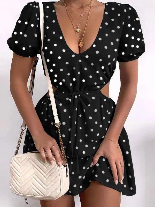 Dresses V-Neck Dot Print Hollow Elastic Waist Dress - LuckyFash™